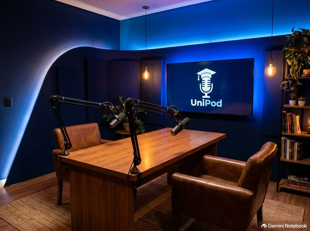 Microfone de estúdio em clima escuro com logo UniPod
