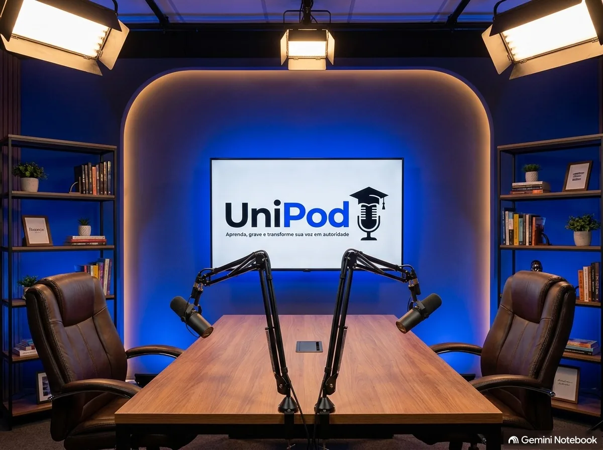 Set da UniPod com logo ao fundo e microfones em primeiro plano